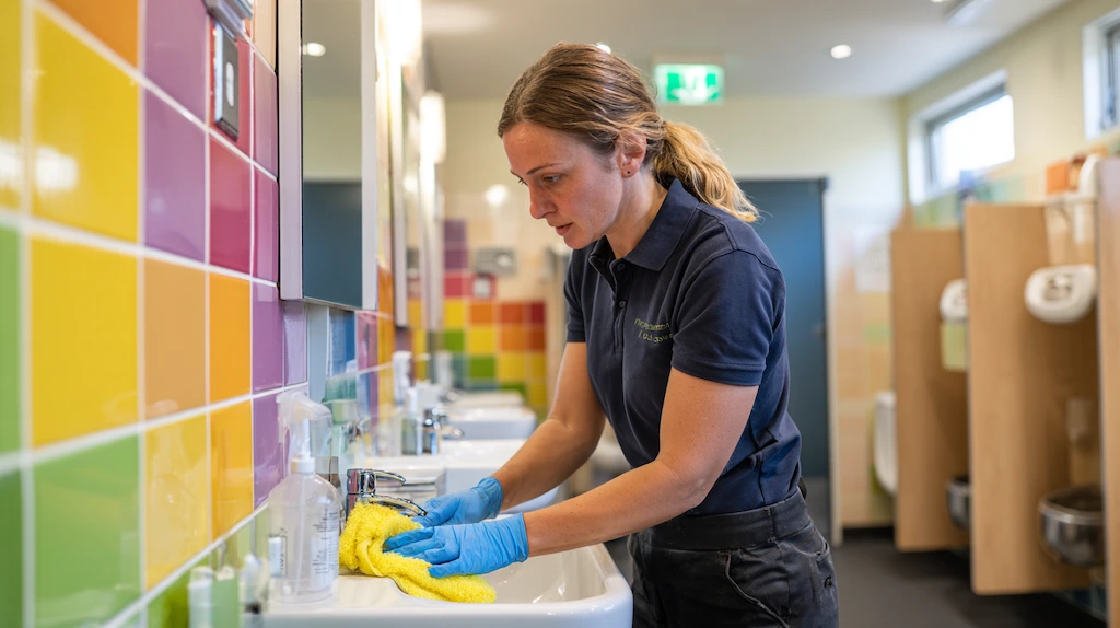 Professional cleaner wearing gloves cleaning small child-height sinks in a colourful childcare centre bathroom