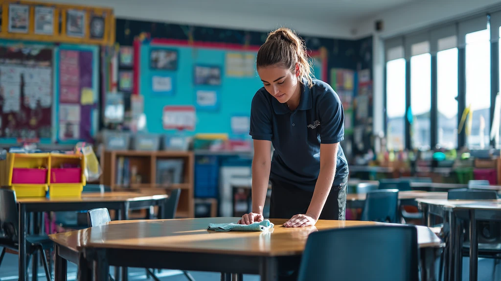 Professional cleaner wiping down a table in a bright Australian childcare centre classroom